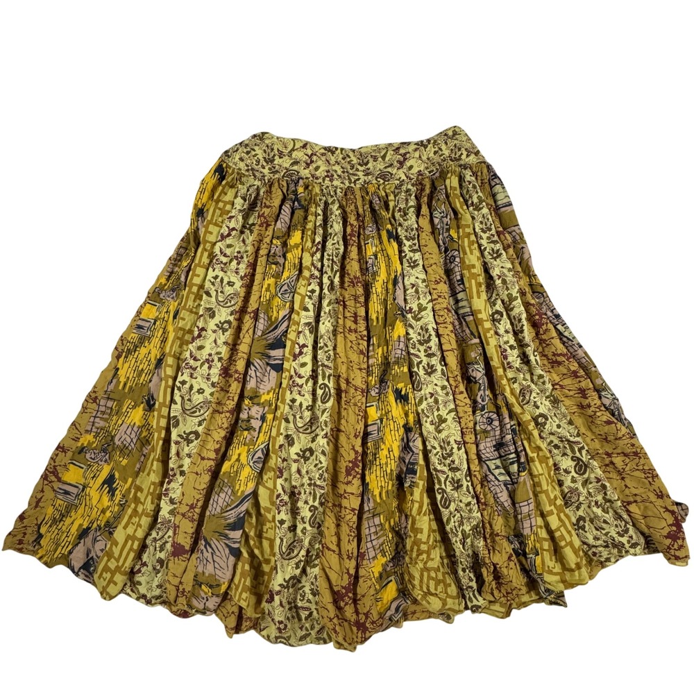 Soft Surroundings Yellow Patchwork Batik Beaded Maxi Skirt Women's L Boho Hippie
